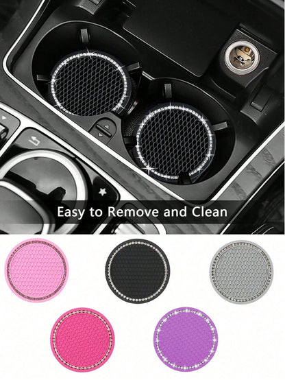 1/2pcs Car Cup Holder Coasters, Shiny Cup Holder Insert Coasters, Universal Anti-Slip Car Cup Holder Decorative Silicone Cup Mats, Car Interior Pad, 7cm/2.75" Soft Crystal Rhinestone Rubber Coaster Se