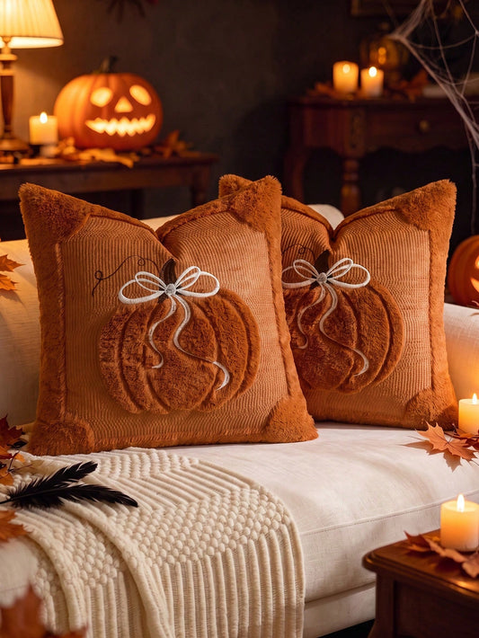1/2pcs Halloween Beige Bow + Caramel Pumpkin Decorative Pillowcase, Front Quilted Ghost Pumpkin, Back Dutch Velvet Fabric, Square Cushion Cover, Holiday Home Pillowcase Decor, Soft Comfortable Velvet