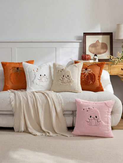 1/2pcs Halloween Beige Bow + Caramel Pumpkin Decorative Pillowcase, Front Quilted Ghost Pumpkin, Back Dutch Velvet Fabric, Square Cushion Cover, Holiday Home Pillowcase Decor, Soft Comfortable Velvet