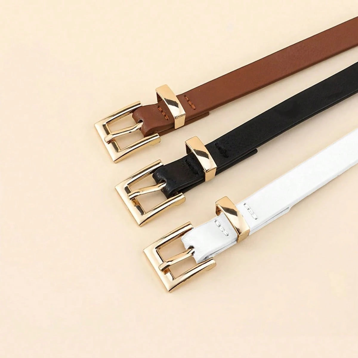 1/3/5pcs Solid Color Thin Waist Belt With Dopamine Pink Color And Gold Geometric Buckle, Suitable For Pants, Skirts, Blazers, Trench Coats, Overcoats