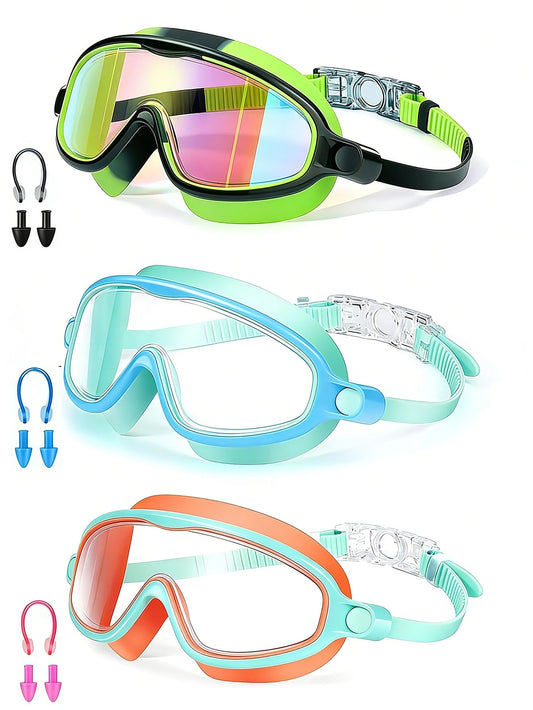 1/3pcs Kids Swimming Goggles, Anti-Fog Wide Vision Leakproof Swim Goggles (For 3-15 Years Old), Includes Ear Plugs & Nose Clip, Back To School