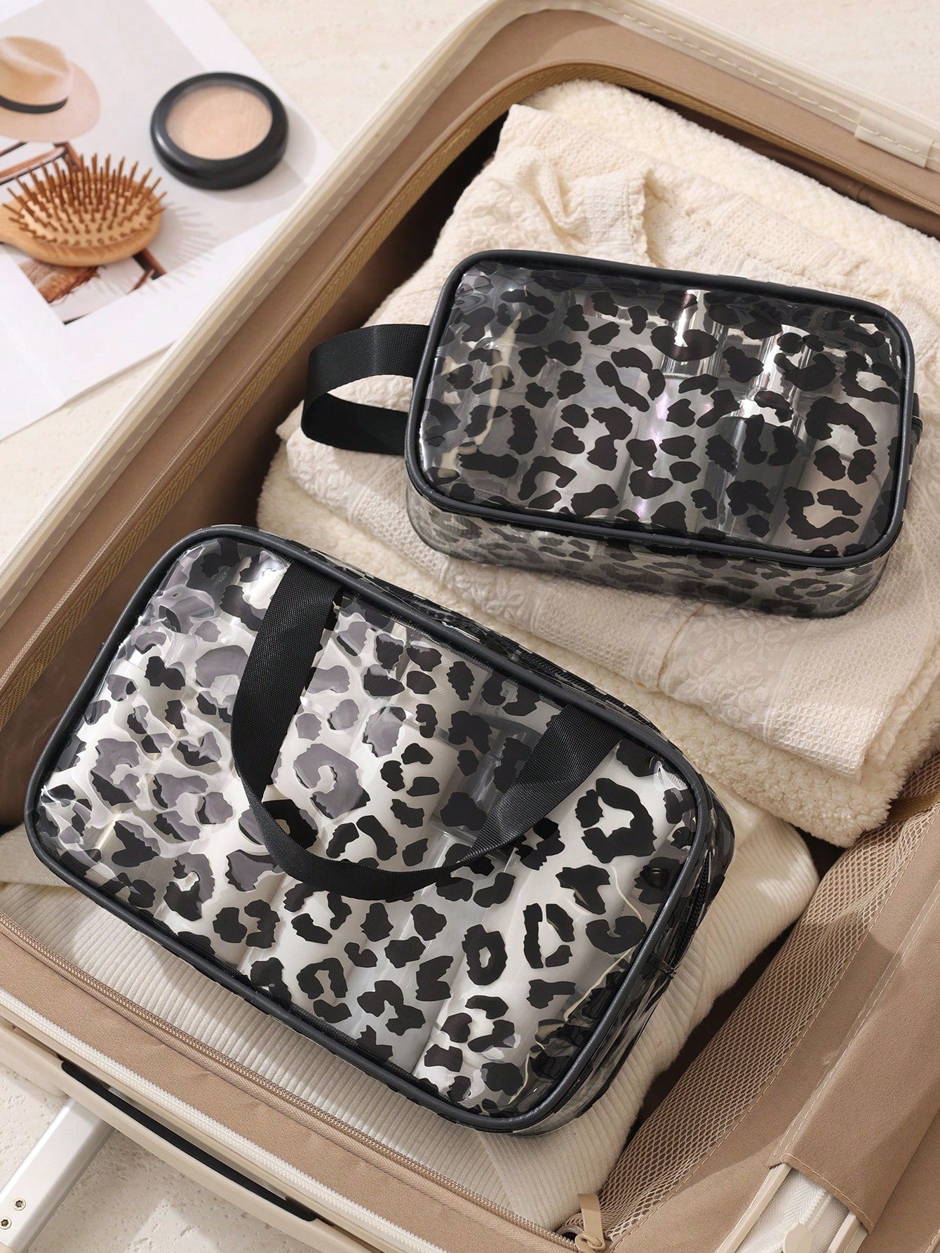 1/3pcs Transparent Zipper Travel Toiletry Bag, Black Leopard Print Portable Large Capacity Makeup Organizer, Multi-Functional Waterproof PVC Cosmetic Bag Set, Beach Bag, Vacation Essential, Lightweigh