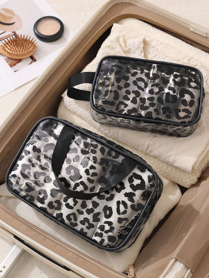 1/3pcs Transparent Zipper Travel Toiletry Bag, Black Leopard Print Portable Large Capacity Makeup Organizer, Multi-Functional Waterproof PVC Cosmetic Bag Set, Beach Bag, Vacation Essential, Lightweigh