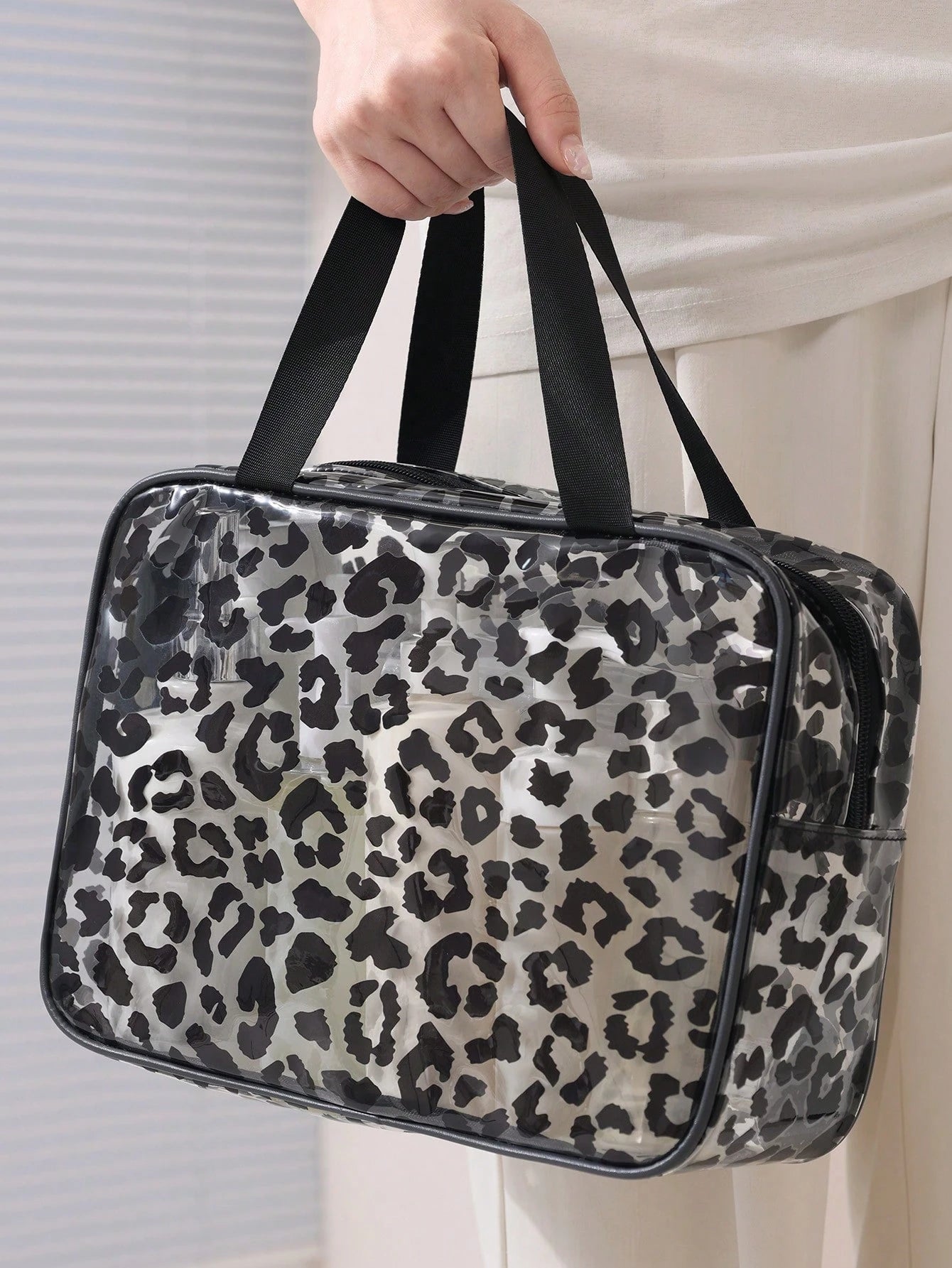 1/3pcs Transparent Zipper Travel Toiletry Bag, Black Leopard Print Portable Large Capacity Makeup Organizer, Multi-Functional Waterproof PVC Cosmetic Bag Set, Beach Bag, Vacation Essential, Lightweigh