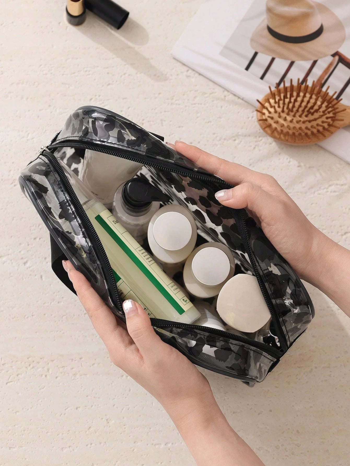 1/3pcs Transparent Zipper Travel Toiletry Bag, Black Leopard Print Portable Large Capacity Makeup Organizer, Multi-Functional Waterproof PVC Cosmetic Bag Set, Beach Bag, Vacation Essential, Lightweigh