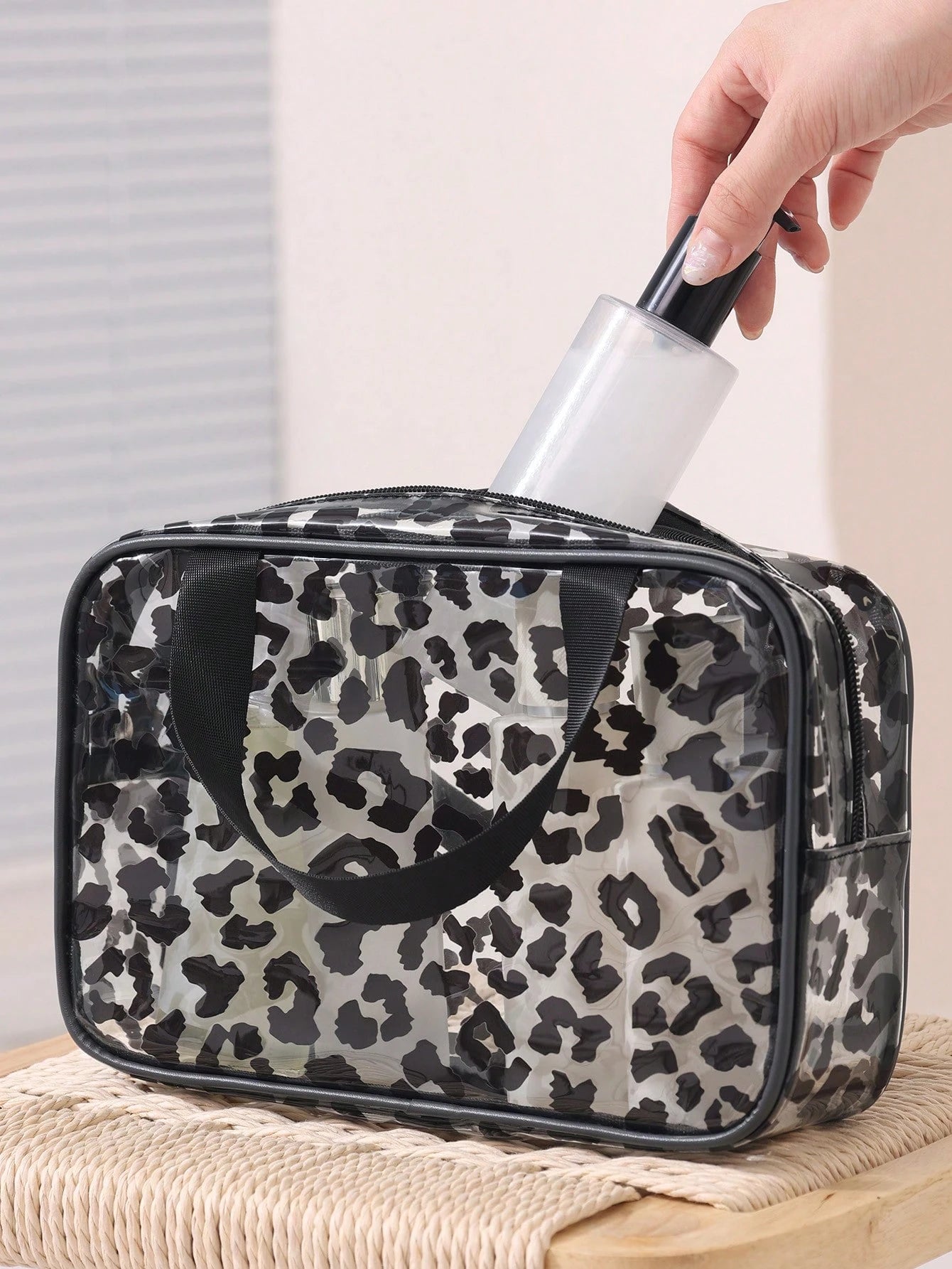 1/3pcs Transparent Zipper Travel Toiletry Bag, Black Leopard Print Portable Large Capacity Makeup Organizer, Multi-Functional Waterproof PVC Cosmetic Bag Set, Beach Bag, Vacation Essential, Lightweigh