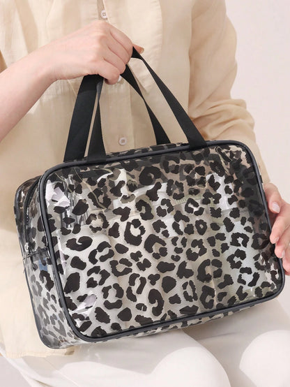 1/3pcs Transparent Zipper Travel Toiletry Bag, Black Leopard Print Portable Large Capacity Makeup Organizer, Multi-Functional Waterproof PVC Cosmetic Bag Set, Beach Bag, Vacation Essential, Lightweigh