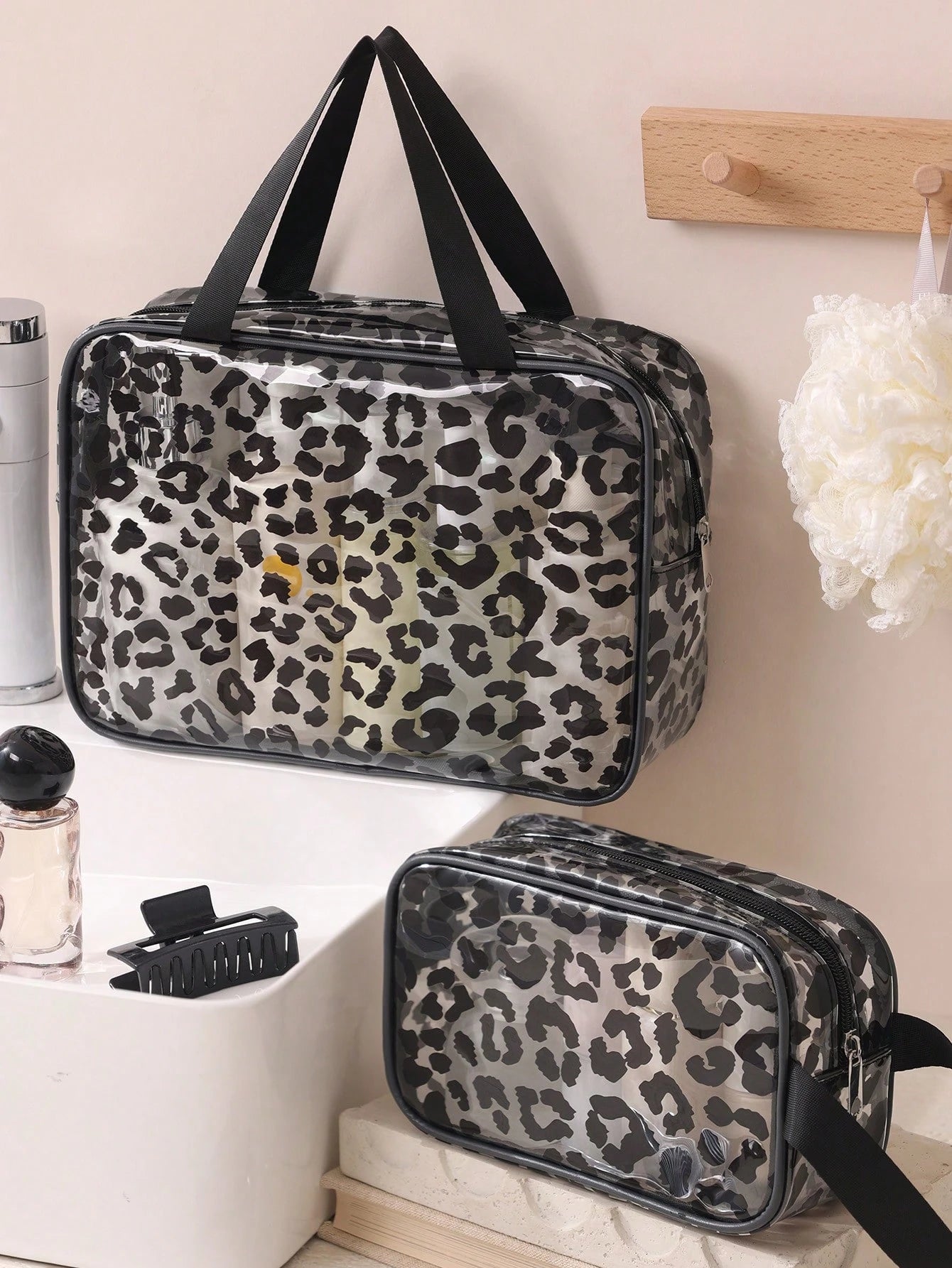 1/3pcs Transparent Zipper Travel Toiletry Bag, Black Leopard Print Portable Large Capacity Makeup Organizer, Multi-Functional Waterproof PVC Cosmetic Bag Set, Beach Bag, Vacation Essential, Lightweigh