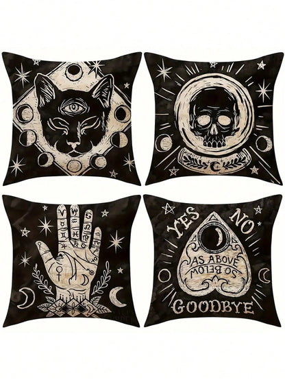 1/4 Pcs Soft Skull Cat Pattern Pillow Case, Size 17.7" X 17.7", Single-Sided Print, Suitable For Room, Office, Home, Car Decor, Autumn Decor, Room Decor