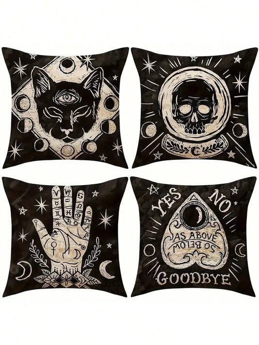 1/4 Pcs Soft Skull Cat Pattern Pillow Case, Size 17.7" X 17.7", Single-Sided Print, Suitable For Room, Office, Home, Car Decor, Autumn Decor, Room Decor