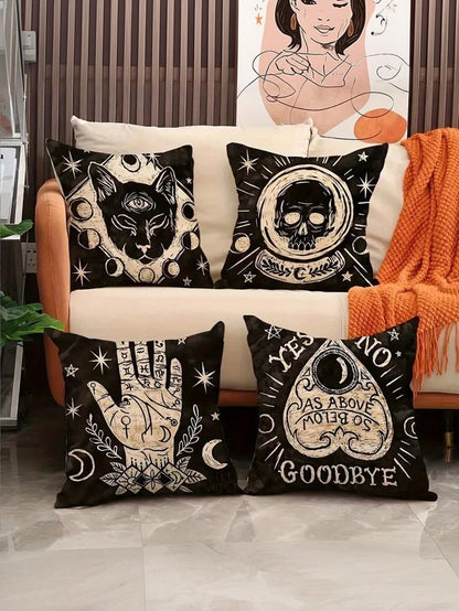 1/4 Pcs Soft Skull Cat Pattern Pillow Case, Size 17.7" X 17.7", Single-Sided Print, Suitable For Room, Office, Home, Car Decor, Autumn Decor, Room Decor