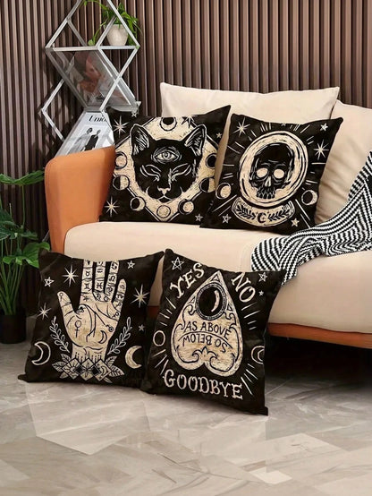 1/4 Pcs Soft Skull Cat Pattern Pillow Case, Size 17.7" X 17.7", Single-Sided Print, Suitable For Room, Office, Home, Car Decor, Autumn Decor, Room Decor