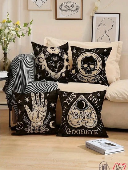 1/4 Pcs Soft Skull Cat Pattern Pillow Case, Size 17.7" X 17.7", Single-Sided Print, Suitable For Room, Office, Home, Car Decor, Autumn Decor, Room Decor