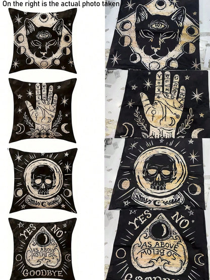 1/4 Pcs Soft Skull Cat Pattern Pillow Case, Size 17.7" X 17.7", Single-Sided Print, Suitable For Room, Office, Home, Car Decor, Autumn Decor, Room Decor