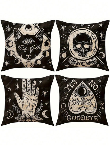 1/4 Pcs Soft Skull Cat Pattern Pillow Case, Size 17.7" X 17.7", Single-Sided Print, Suitable For Room, Office, Home, Car Decor, Autumn Decor, Room Decor