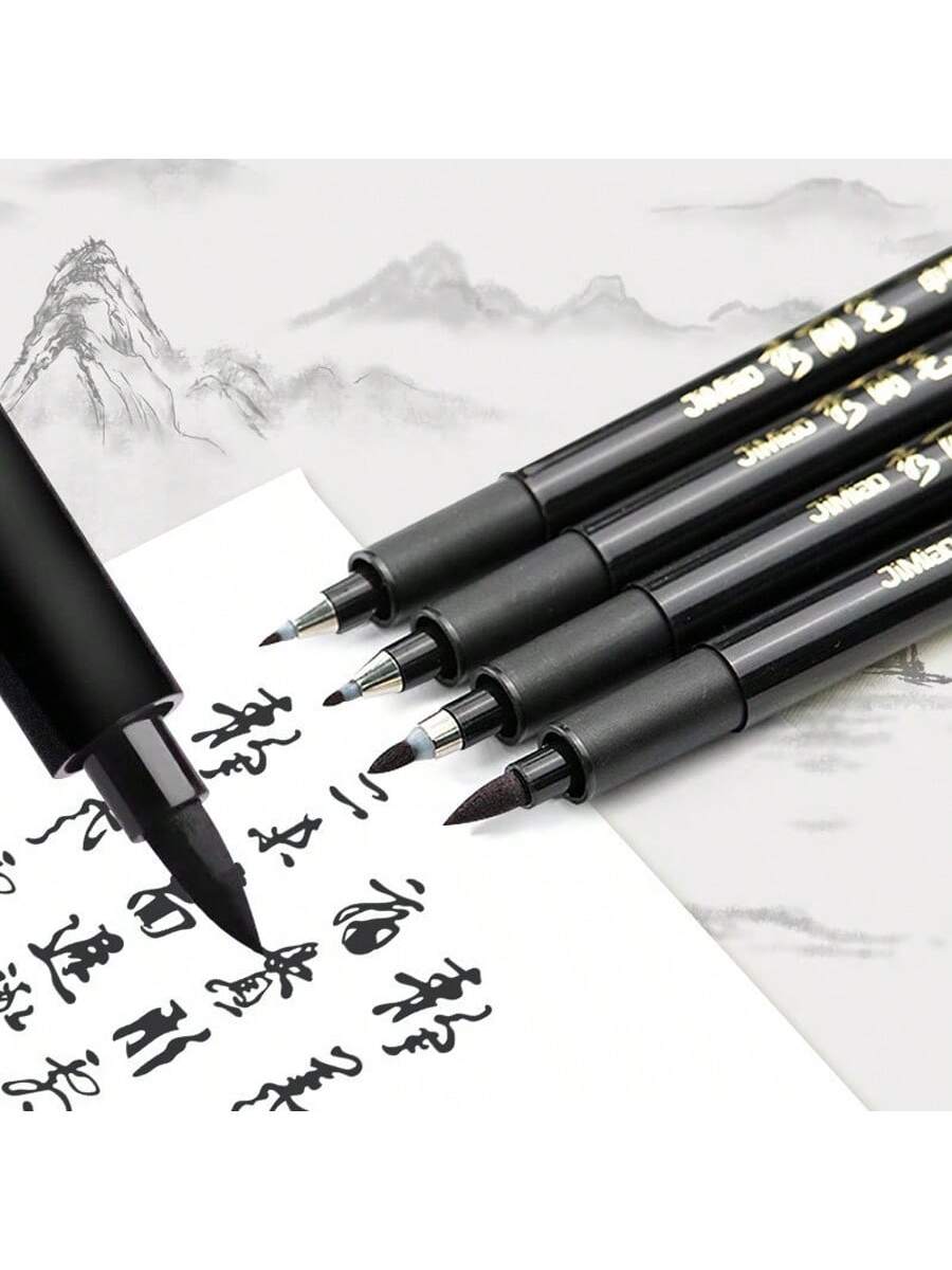 1/4pcs Calligraphy Pen Set, For Handwriting Fonts- Fine And Brush Tip, Refillable Black Ink, Ergonomic Oval Barrel, Lightweight Plastic Material, Ideal For Writing, Art And Painting