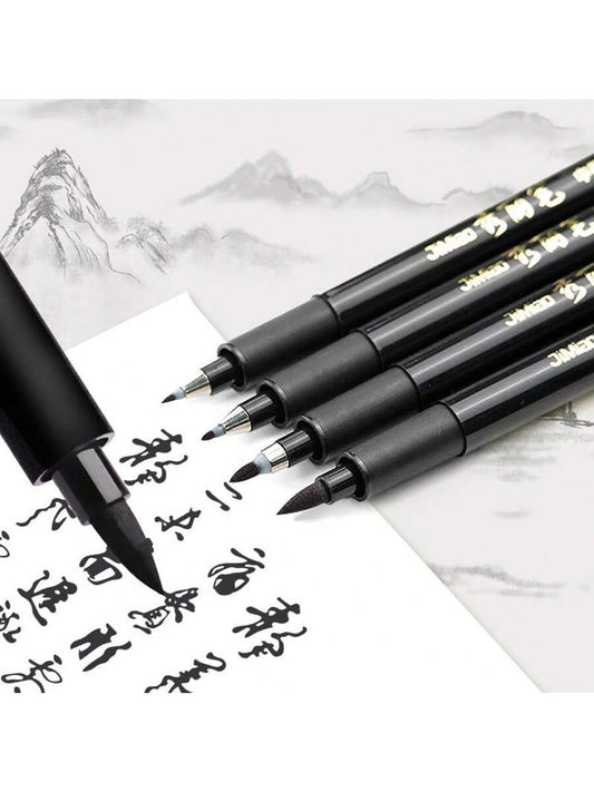 1/4pcs Calligraphy Pen Set, For Handwriting Fonts- Fine And Brush Tip, Refillable Black Ink, Ergonomic Oval Barrel, Lightweight Plastic Material, Ideal For Writing, Art And Painting