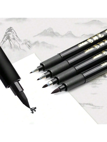 1/4pcs Calligraphy Pen Set, For Handwriting Fonts- Fine And Brush Tip, Refillable Black Ink, Ergonomic Oval Barrel, Lightweight Plastic Material, Ideal For Writing, Art And Painting
