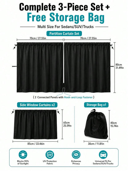 1/4pcs Ull Car Privacy Partition Curtain + Side Window Curtain Set, 95% Blackout UV Protection Rear Seat Partition Curtain, Easy Install Black Sunshade Vehicle Privacy Window Curtain Set