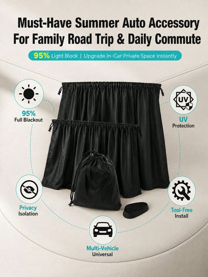 1/4pcs Ull Car Privacy Partition Curtain + Side Window Curtain Set, 95% Blackout UV Protection Rear Seat Partition Curtain, Easy Install Black Sunshade Vehicle Privacy Window Curtain Set