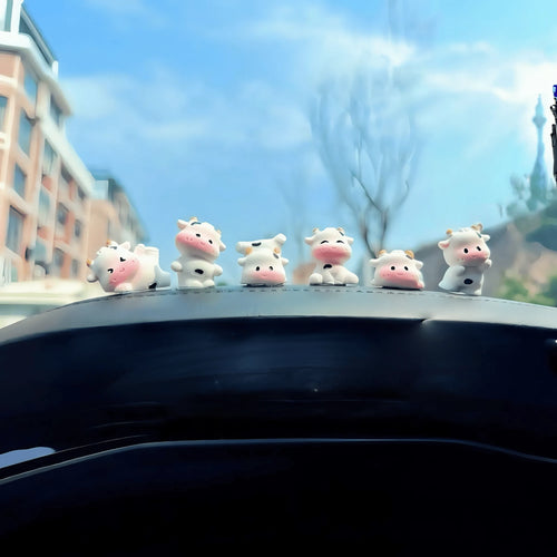 1/6/7pcs Cute Mini Cow Car Decor, Resin Healing Animal Figurines, Dashboard Ornament, Adorable Small Decor, Desk Decoration, Suitable For Car Interior, Desk, Home, Micro Landscape, Back To School, Gif