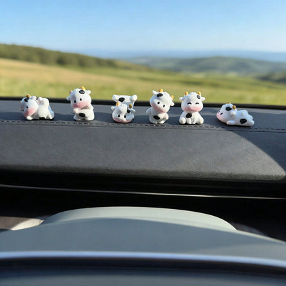1/6/7pcs Cute Mini Cow Car Decor, Resin Healing Animal Figurines, Dashboard Ornament, Adorable Small Decor, Desk Decoration, Suitable For Car Interior, Desk, Home, Micro Landscape, Back To School, Gif