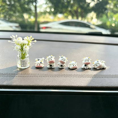 1/6/7pcs Cute Mini Cow Car Decor, Resin Healing Animal Figurines, Dashboard Ornament, Adorable Small Decor, Desk Decoration, Suitable For Car Interior, Desk, Home, Micro Landscape, Back To School, Gif