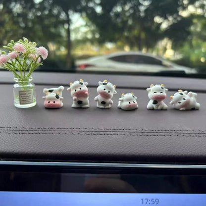 1/6/7pcs Cute Mini Cow Car Decor, Resin Healing Animal Figurines, Dashboard Ornament, Adorable Small Decor, Desk Decoration, Suitable For Car Interior, Desk, Home, Micro Landscape, Back To School, Gif