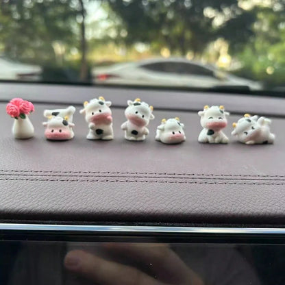 1/6/7pcs Cute Mini Cow Car Decor, Resin Healing Animal Figurines, Dashboard Ornament, Adorable Small Decor, Desk Decoration, Suitable For Car Interior, Desk, Home, Micro Landscape, Back To School, Gif