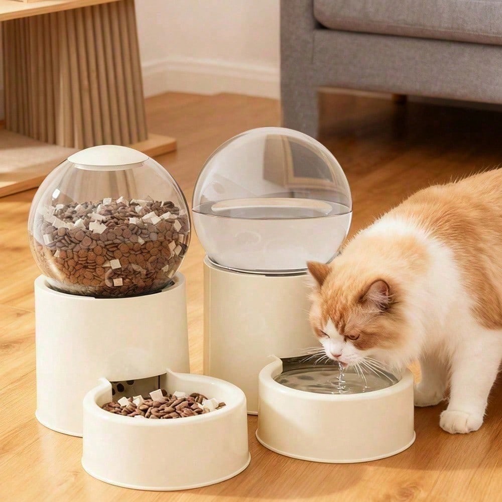 1 Automatic Cat Feeder And Water Dispenser With Gravity Feed System- Modern White Design Featuring A Transparent Dome Lid And Spill-Proof Bowls- Battery-Free Automatic Pet Food Dispenser For Easy Fe
