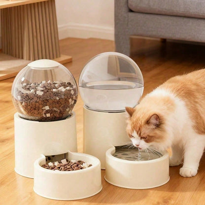 1 Automatic Cat Feeder And Water Dispenser With Gravity Feed System- Modern White Design Featuring A Transparent Dome Lid And Spill-Proof Bowls- Battery-Free Automatic Pet Food Dispenser For Easy Fe