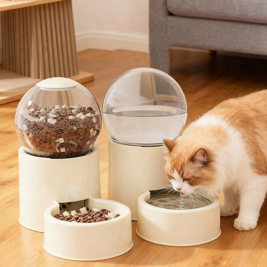 1 Automatic Cat Feeder And Water Dispenser With Gravity Feed System- Modern White Design Featuring A Transparent Dome Lid And Spill-Proof Bowls- Battery-Free Automatic Pet Food Dispenser For Easy Fe