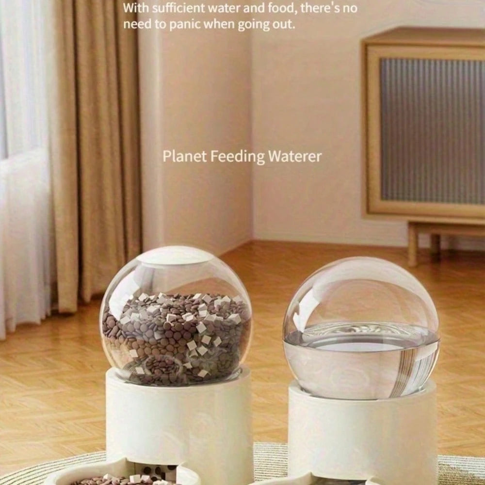 1 Automatic Cat Feeder And Water Dispenser With Gravity Feed System- Modern White Design Featuring A Transparent Dome Lid And Spill-Proof Bowls- Battery-Free Automatic Pet Food Dispenser For Easy Fe