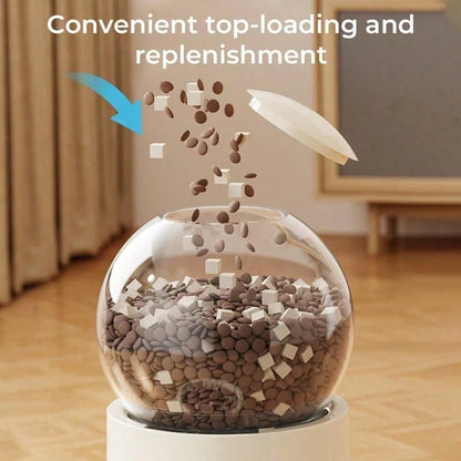 1 Automatic Cat Feeder And Water Dispenser With Gravity Feed System- Modern White Design Featuring A Transparent Dome Lid And Spill-Proof Bowls- Battery-Free Automatic Pet Food Dispenser For Easy Fe