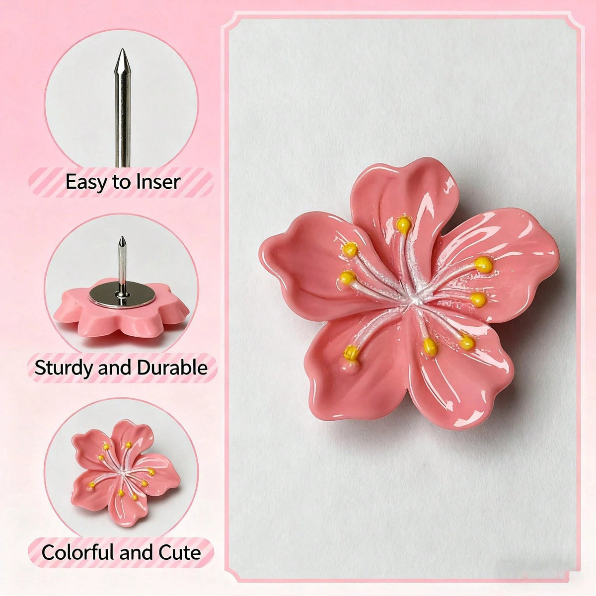 1 Box 10pcs/20pcs/30pcs Pink Floral Push Pins- Decorative Cartoon Flower Thumbtacks For Cork Boards, Photos, Wall Maps & School Supplies