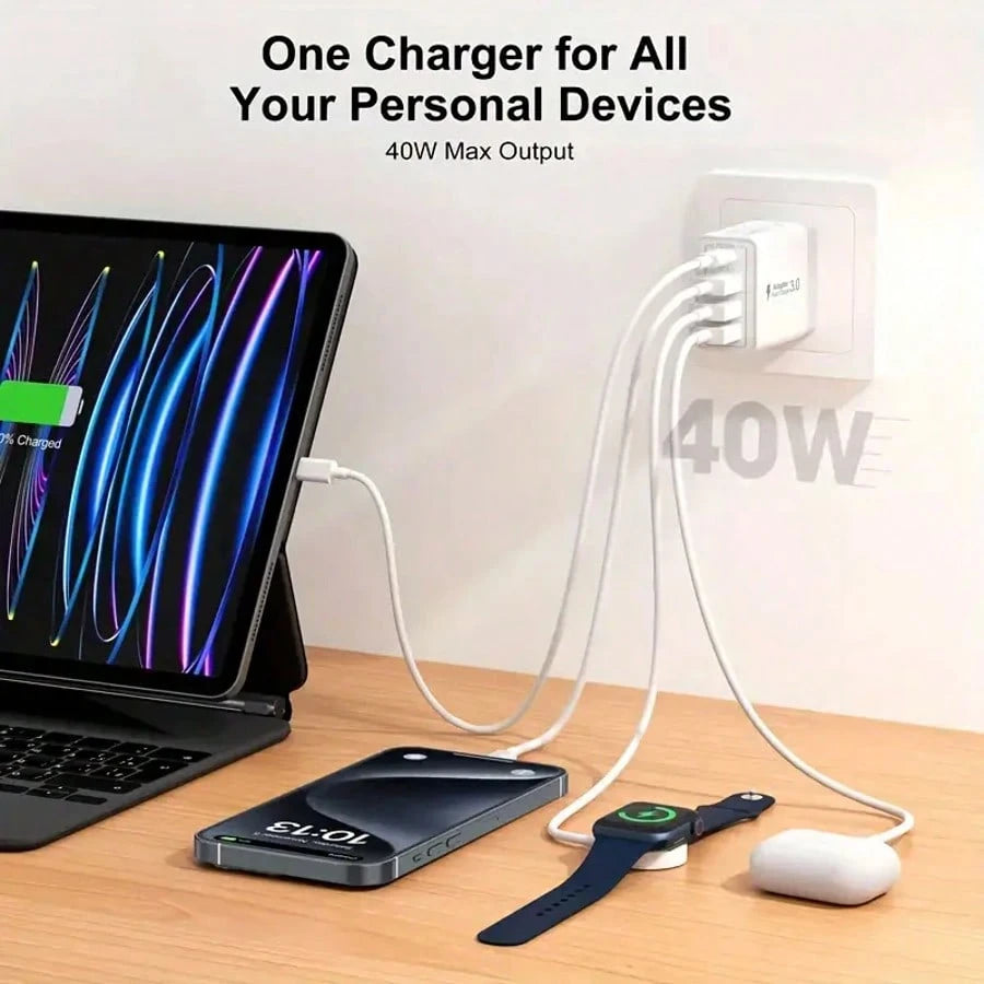 1 Charger, Fast Charger 4 Ports [1xUSB-C+3xUSB-A]| PD3.0 And QC3.0 20W Smart Charging, Supports Multiple Devices To Meet Home Charging Needs, And Office Desktop Mobile Phone Charger Multi-Port Versio