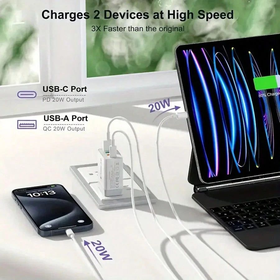 1 Charger, Fast Charger 4 Ports [1xUSB-C+3xUSB-A]| PD3.0 And QC3.0 20W Smart Charging, Supports Multiple Devices To Meet Home Charging Needs, And Office Desktop Mobile Phone Charger Multi-Port Versio