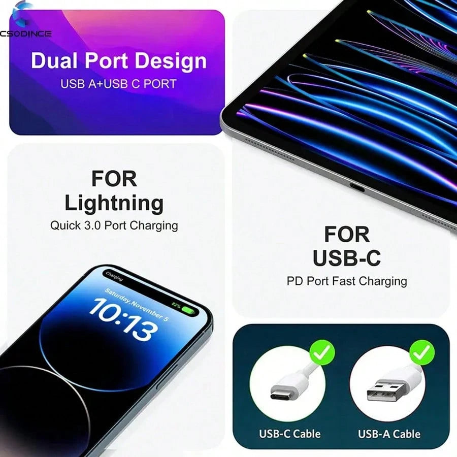 1 Charger, Fast Charger 4 Ports [1xUSB-C+3xUSB-A]| PD3.0 And QC3.0 20W Smart Charging, Supports Multiple Devices To Meet Home Charging Needs, And Office Desktop Mobile Phone Charger Multi-Port Versio