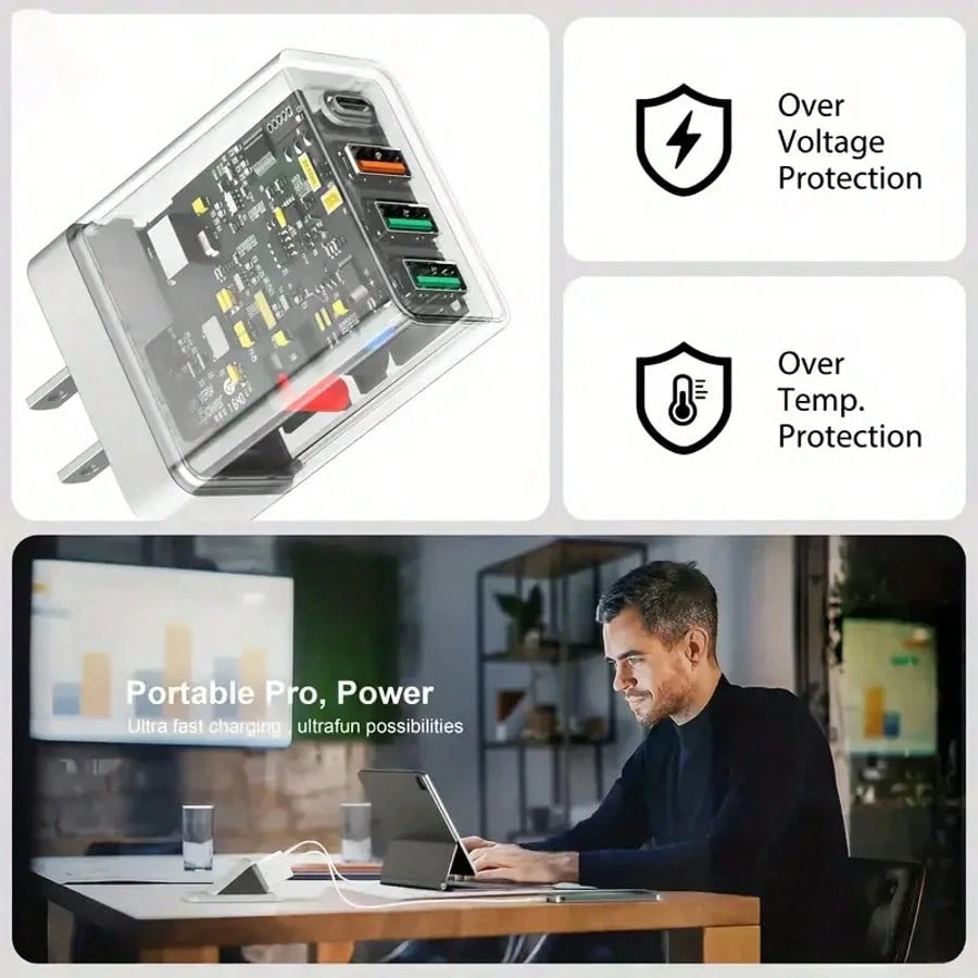 1 Charger, Fast Charger 4 Ports [1xUSB-C+3xUSB-A]| PD3.0 And QC3.0 20W Smart Charging, Supports Multiple Devices To Meet Home Charging Needs, And Office Desktop Mobile Phone Charger Multi-Port Versio