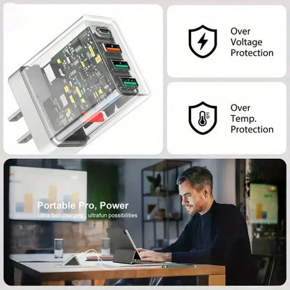 1 Charger, Fast Charger 4 Ports [1xUSB-C+3xUSB-A]| PD3.0 And QC3.0 20W Smart Charging, Supports Multiple Devices To Meet Home Charging Needs, And Office Desktop Mobile Phone Charger Multi-Port Versio