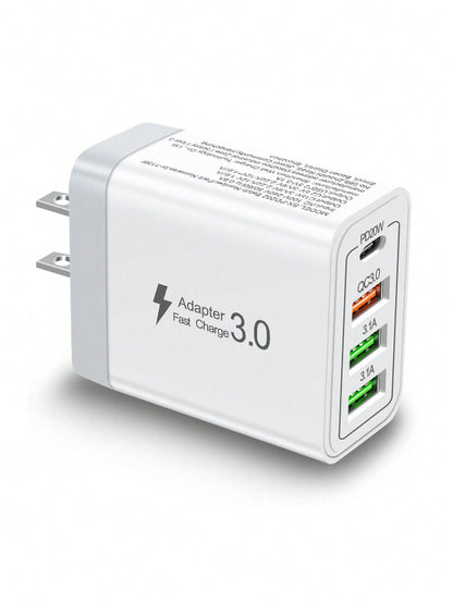 1 Charger, Fast Charger 4 Ports [1xUSB-C+3xUSB-A]| PD3.0 And QC3.0 20W Smart Charging, Supports Multiple Devices To Meet Home Charging Needs, And Office Desktop Mobile Phone Charger Multi-Port Versio