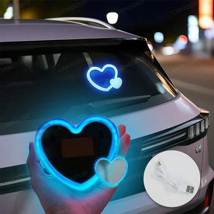 1 Item, Car Neon Double Heart-Shaped Light| Solar LED Car Window Light, 5V Working Voltage, Universal Type, Suitable For Illuminated Signs Or Nameplates, Car Ambient Decoration