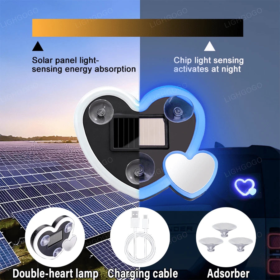 1 Item, Car Neon Double Heart-Shaped Light| Solar LED Car Window Light, 5V Working Voltage, Universal Type, Suitable For Illuminated Signs Or Nameplates, Car Ambient Decoration