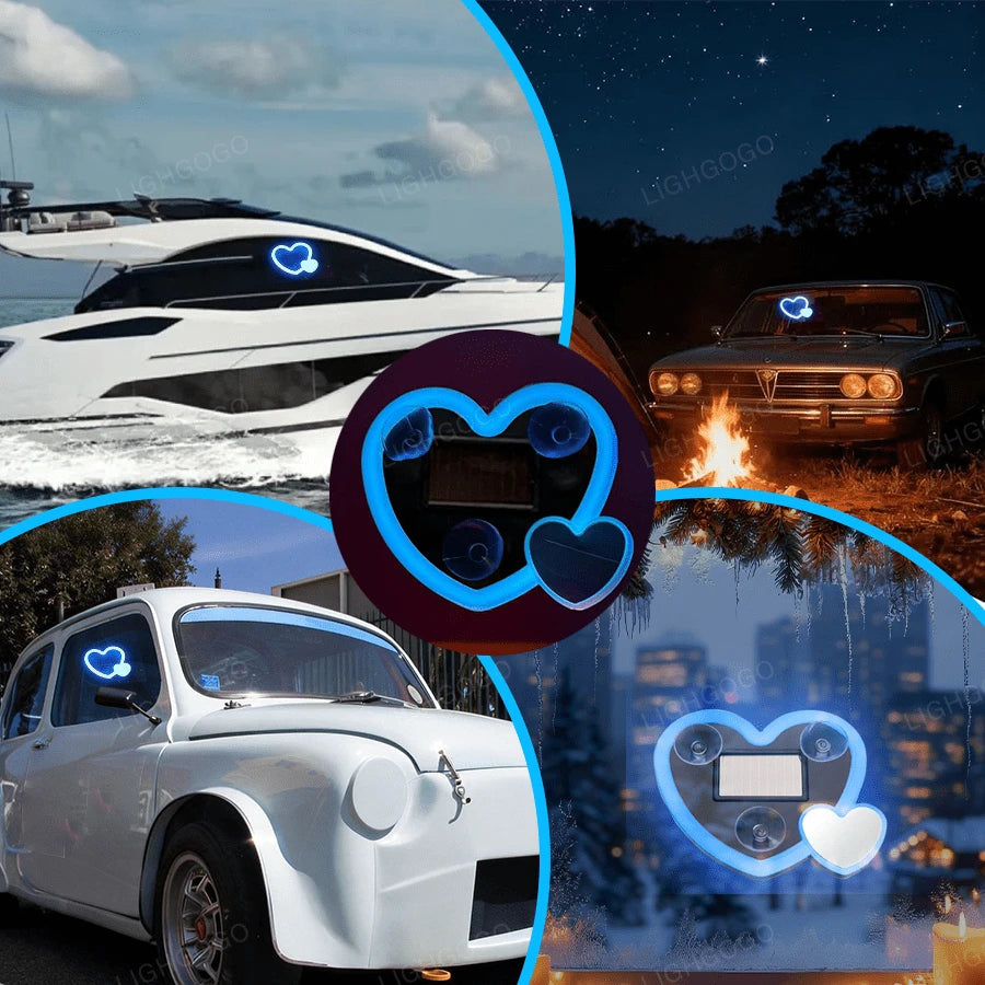 1 Item, Car Neon Double Heart-Shaped Light| Solar LED Car Window Light, 5V Working Voltage, Universal Type, Suitable For Illuminated Signs Or Nameplates, Car Ambient Decoration
