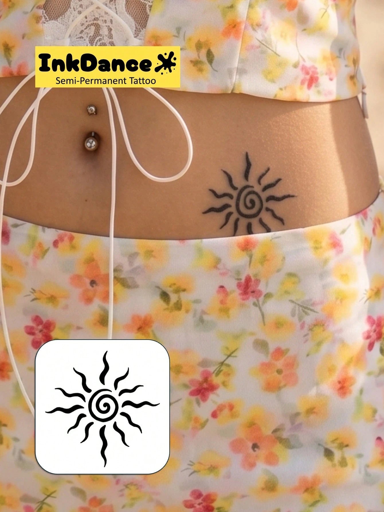 1 Kit " Spiral Sun" New Technology Tattoo Sticker, Semi-Permanent, Boho, Bold, Y2K, Temporary Tattoo, Fake Tattoo, Waterproof & Long-Lasting Realistic Design, Plant-Based Formula, InkDance, Ink Dance