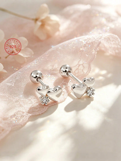 1 Pair 925 Sterling Silver Hypoallergenic Double Heart Stud Earrings, Adorable And Cute Design With Sparkling Cubic Zirconia, Spiral Ear Backs For Secure Wear, Comes In Gift Box, Suitable For Daily We