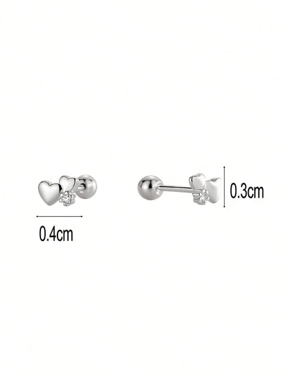 1 Pair 925 Sterling Silver Hypoallergenic Double Heart Stud Earrings, Adorable And Cute Design With Sparkling Cubic Zirconia, Spiral Ear Backs For Secure Wear, Comes In Gift Box, Suitable For Daily We