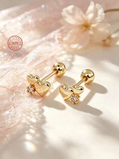 1 Pair 925 Sterling Silver Hypoallergenic Double Heart Stud Earrings, Adorable And Cute Design With Sparkling Cubic Zirconia, Spiral Ear Backs For Secure Wear, Comes In Gift Box, Suitable For Daily We