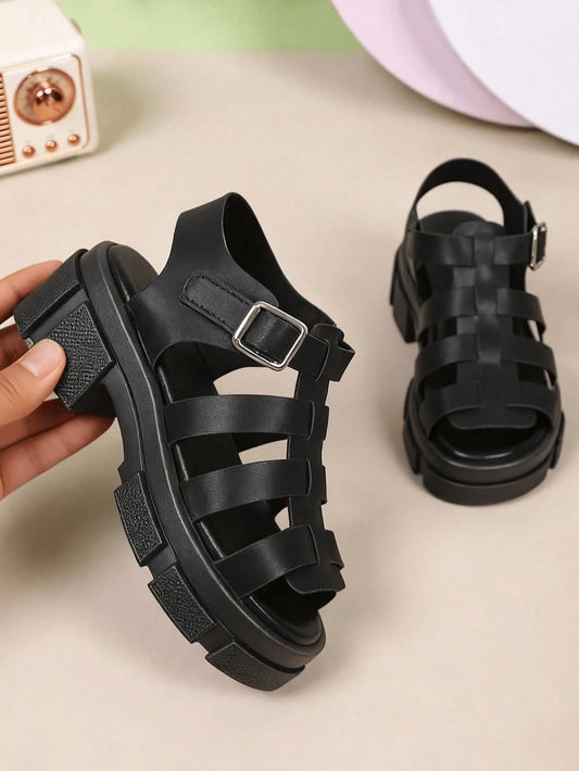 1 Pair Black Gladiator Chunky Sole Kids Sandals,2026 New Summer Unisex Platform Sandals,Cool Street Style,For Daily,School,Beach,Holiday&Outdoor Wear