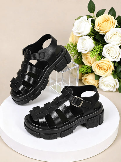 1 Pair Black Gladiator Chunky Sole Kids Sandals,2026 New Summer Unisex Platform Sandals,Cool Street Style,For Daily,School,Beach,Holiday&Outdoor Wear